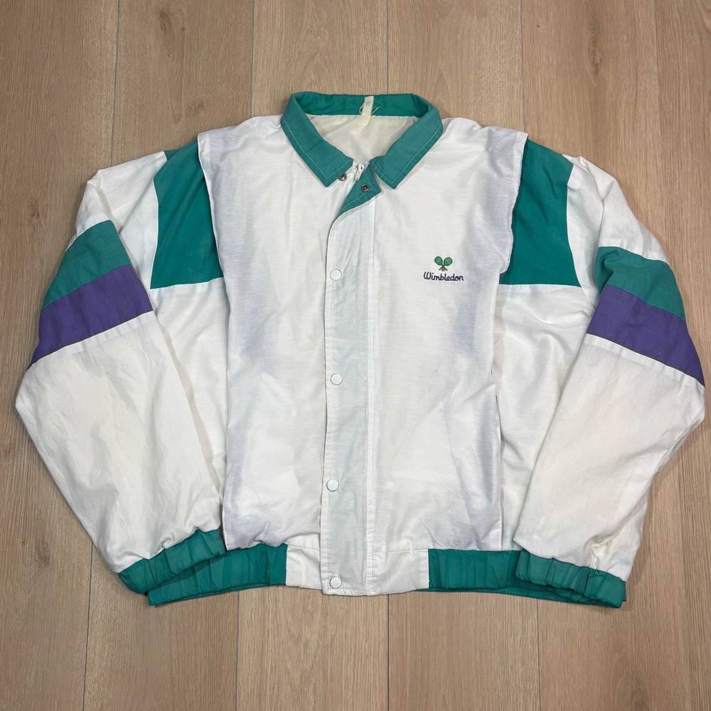 Vintage Wimbledon Tennis Jacket Mens Medium White Green Colorblock Windbreaker